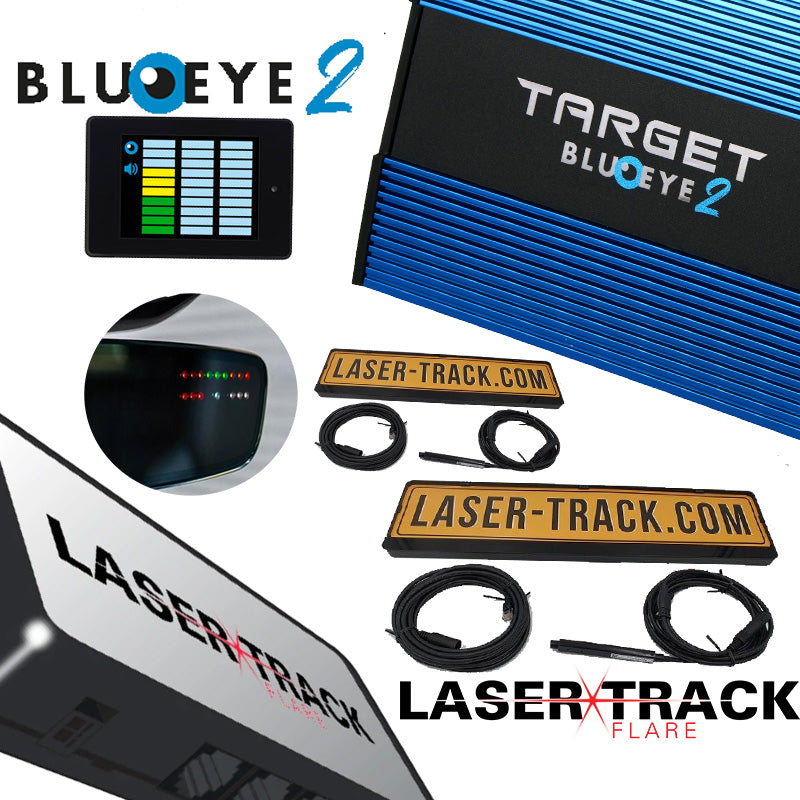 Afbeelding van het Pakket 3: Maximale Dekking, inclusief Blu Eye 2, LaserTrack Flare en twee kentekenplaten met sensor, voor geavanceerde voertuigbeveiliging.